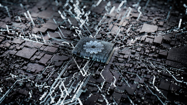 Configure Technology Concept with cog symbol on a Microchip. Data flows from the CPU across a Futuristic Motherboard. 3D render.