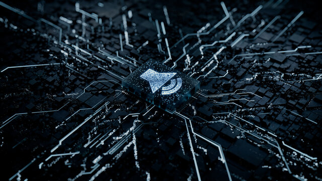 Sound Technology Concept with audio symbol on a Microchip. Data flows from the CPU across a Futuristic Motherboard. 3D render.