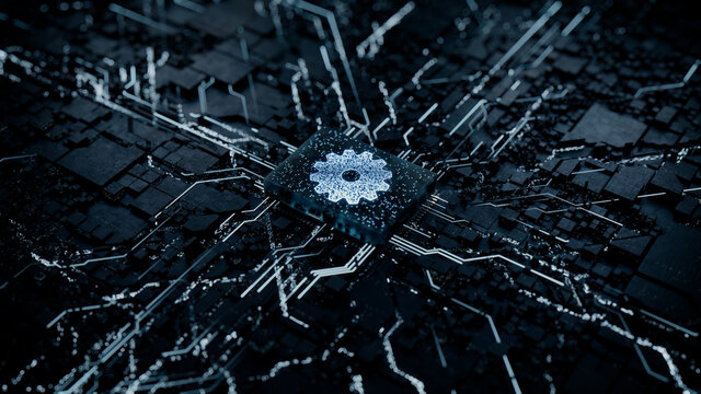 Configure Technology Concept with cog symbol on a Microchip. Data flows from the CPU across a Futuristic Motherboard. 3D render.