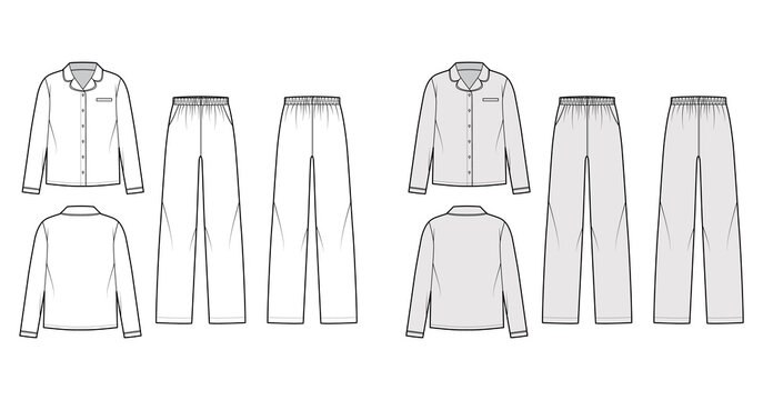Set of Sleepwear Pajamas shirt, pants technical fashion illustration with full length, pockets, button closure, long sleeves. Flat front back, white, grey color style. Women, men unisex CAD mockup