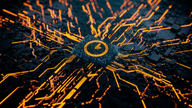 Time Technology Concept with clock symbol on a Microchip. Data flows from the CPU across a Futuristic Motherboard. 3D render.