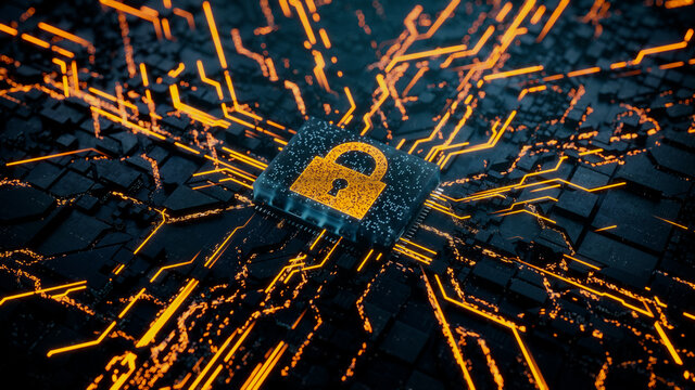 Security Technology Concept with lock symbol on a Microchip. Data flows from the CPU across a Futuristic Motherboard. 3D render.