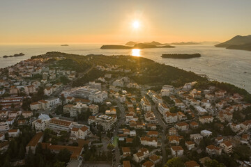 Aerial drone shot of sunset over Adriatic islands view from Dubrovnik Babin Kuk hill in Croatia summer