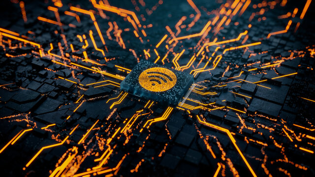 Wireless Technology Concept with wifi symbol on a Microchip. Data flows from the CPU across a Futuristic Motherboard. 3D render.
