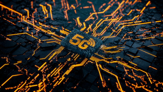 Wireless Technology Concept with 5G symbol on a Microchip. Data flows from the CPU across a Futuristic Motherboard. 3D render.