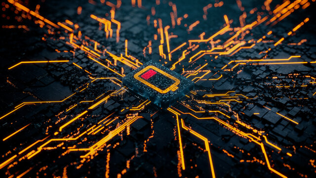 Energy Technology Concept with low battery symbol on a Microchip. Data flows from the Battery across a Futuristic Motherboard. 3D render.