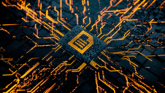 Word document Technology Concept with document symbol on a Microchip. Data flows from the CPU across a Futuristic Motherboard. 3D render.