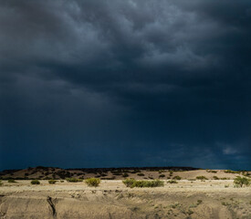 Fototapeta na wymiar Desert and dark rain clouds. Threatning. Gila National Park New Mexico USA. Prairie.