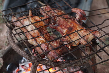 Grilled rats on a charcoal grill with a secondary grill Is local food by the countryside