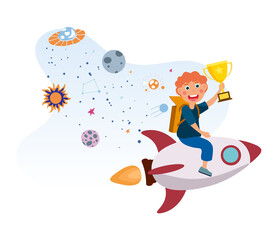 Little kid is riding rocket to success. Little cute boy is flying on rocket with backpack and golden cup in hand. Child is flying in imaginary space. Flat cartoon vector illustration