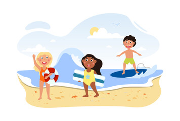 Little children are having fun time at the beach together. Kids are spending summer time at the sea. Surfing and sunbathing. Concept of outdoor activity at the beach. Flat cartoon vector illustration