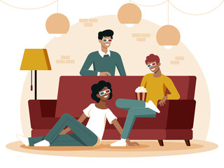 Colourful flat illustration of best friends sitting on the couch eating popcorn