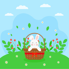 This is a flat easter illustration. There is a rabbit in the basket.