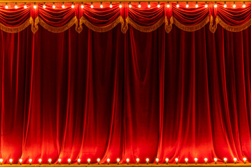 Theater red curtain and neon lamp around border - 419418336