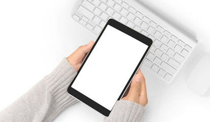 Hands holding tablet touch computer gadget