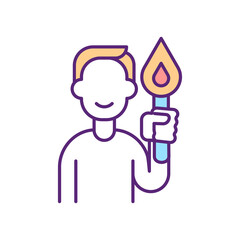 Believer with lighted candle RGB color icon. Church service. Sacred ritual and prayer. Religious tradition. Happy man with torch. Smiling human. Religion values. Isolated vector illustration