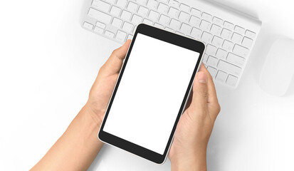 Hands holding tablet touch computer gadget