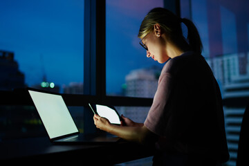 Woman with tablet in horizontal position