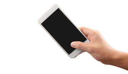 Hand holding smartphone device touching screen