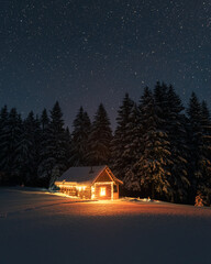 Fantastic winter landscape with wooden house in snowy mountains. Starry sky with Milky Way and snow covered hut. Christmas holiday and winter vacations concept