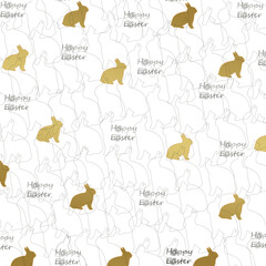 Trendy pattern with gold bunnies, black background, great for Easter Cards, banner, wallpapers. 
