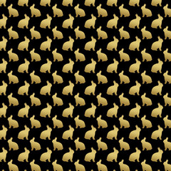 Trendy pattern with gold bunnies, black background, great for Easter Cards, banner, wallpapers. 