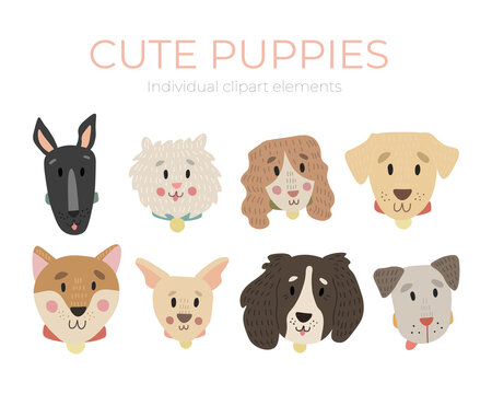 Cute cartoon hand drawn animal faces. Characters of different breeds of dogs. Vector illustration fo baby card