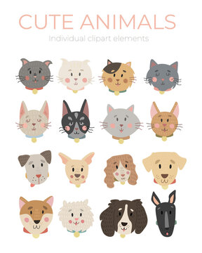 Cute cartoon hand drawn animal faces. Characters of different breeds of cats and dogs. Vector illustration fo baby card