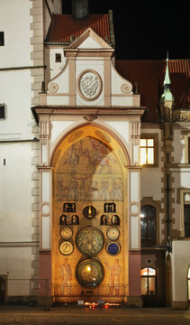 Astronomical clock at Townhouse. Upper Square (Horni namesti) in Olomouc. Moravia. Czech Republic