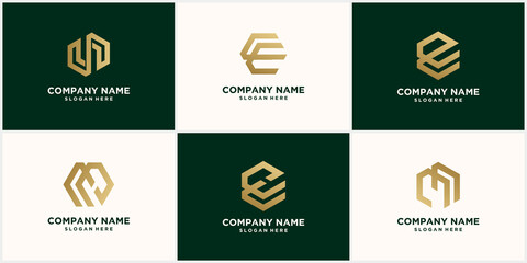 abstract monogram letter E logo design set, in gold color