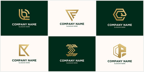 abstract monogram letter E logo design set, in gold color