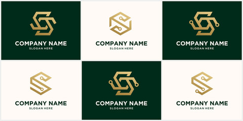 abstract monogram letter S tech logo design set, in gold color