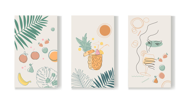 A set of abstract vector posters. Drawing lines and color spots of leaves, women, sea, botany, fruit, cocktails with abstract forms of minimalistic and natural wall art. Vector illustration