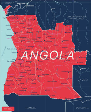 Angola country detailed editable map with regions cities and towns, roads and railways, geographic sites. Vector EPS-10 file