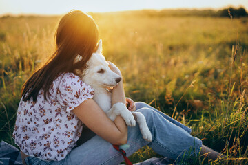 Woman cuddling with cute white puppy in summer meadow and looking at warm sunset light. Happiness