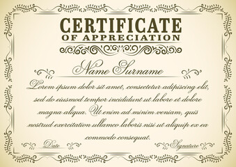 A4 size vintage certificate vector design with retro style frame. Old style diploma graphic for print.