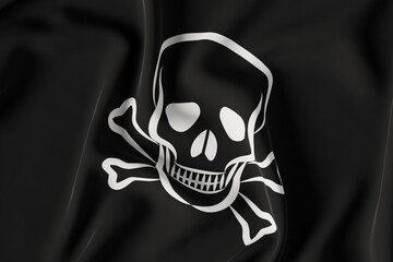 Pirate flag in black color close up view. 3D render illustration