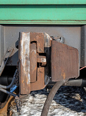 A Railway Coupler of a freight cars. End view of coupler. Front view. Close-up.