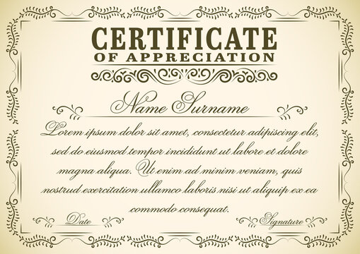 A4 size vintage certificate vector design with retro style frame. Old style diploma graphic for print.