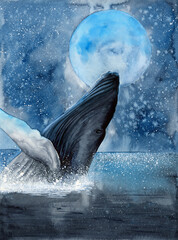 Watercolor illustration of a whale emerging from the ocean on the background of the starry sky and the big blue moon