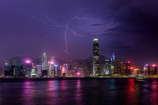 Lightning over city - Victoria Harbour, Hong Kong