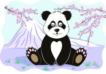 Vector illustration. A cute panda sits on the background of a mountain and blooming sakura.