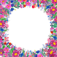 Hand-painted floral border. Wildrlowers on white background