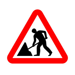 Road works sign, under construction. Warning red road sign, triangle shape with red border, working man isolated on white background. Vector illustration.
