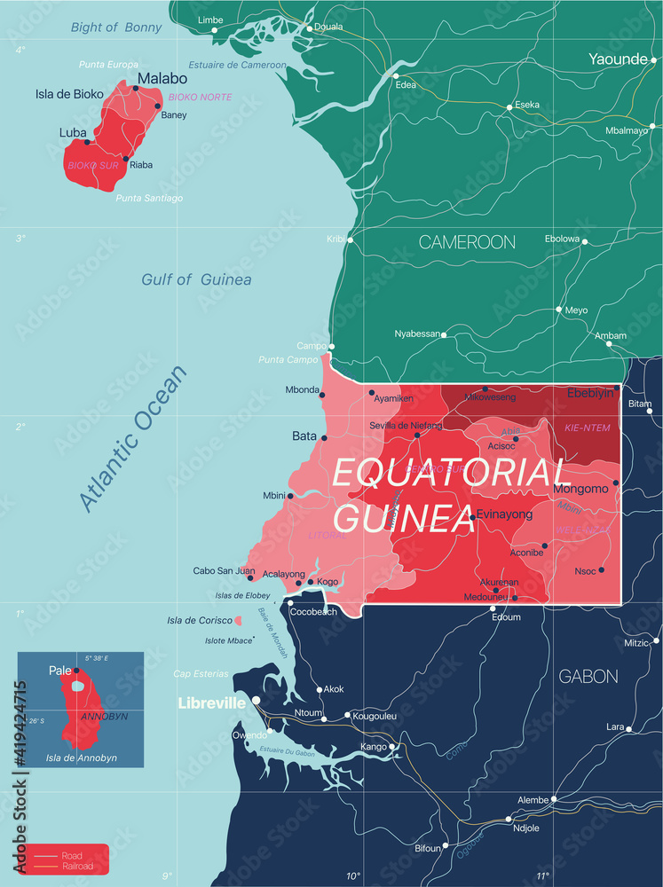 Poster equatorial guinea country detailed editable map with regions cities and towns, roads and railways, g