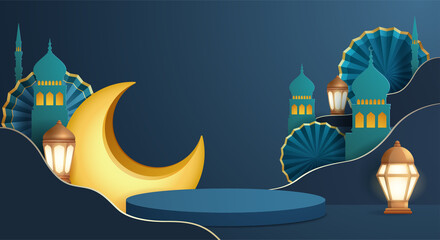 3D illustration of classic blue Muslim Islamic festival theme product display background with crescent moon and Islamic decorations. © ori-artiste