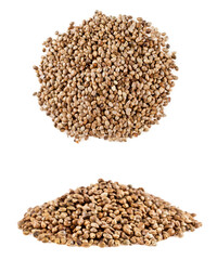 Heap of cannabis seeds isolated on a white background. Top view.