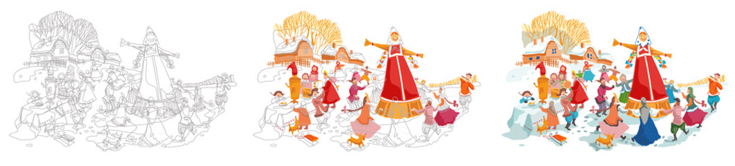 Image of cheerful country festivities and Russian fun.  The process of creating an illustration from a graphic image to a color one.