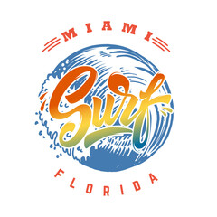 Miami surf. Emblem template with waves and palms. Design element for poster, card, banner, sign, emblem. Vector illustration