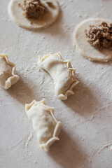 Variki with meat and mushrooms. They lie on the table. Dough.